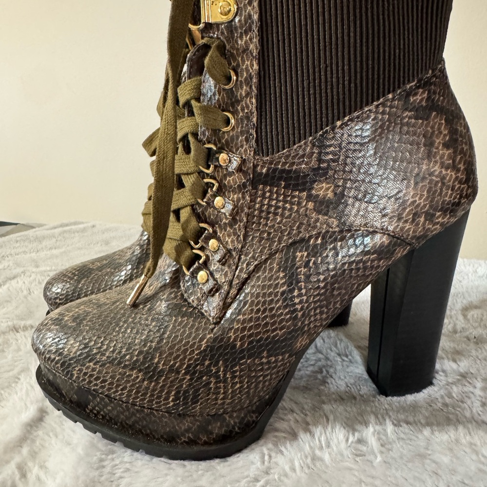 Brown Snakeskin Lace-Up Ankle Boots